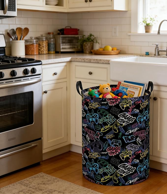Kids Laundry Basket Boys Laundry Hamper Kids Collapsible Canvas Waterproof Storage Bin for Boys Baby Nursery Hamper Gift Baskets for Bedroom(Cool games)