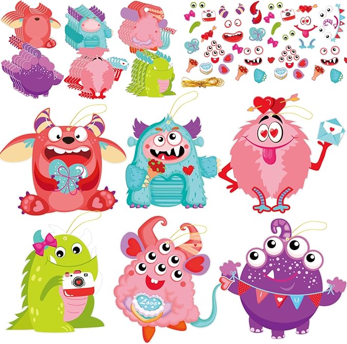 party greeting Valentine's Day Craft Kits DIY Monster Craft for Kids, Make Your Own Monster Ornament Bulk Valentine's Day Monster Paper Decorative Kit for Preschool Home Class Game Activities