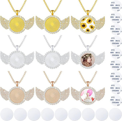 9 Pieces Sublimation Blank Necklace with Chain Set Blank Necklace Rhinestone Wing Shape Bezel Pendant Tray, 25 mm Sublimation Sheet, Double Sided Tape for DIY (Round Shape Style)
