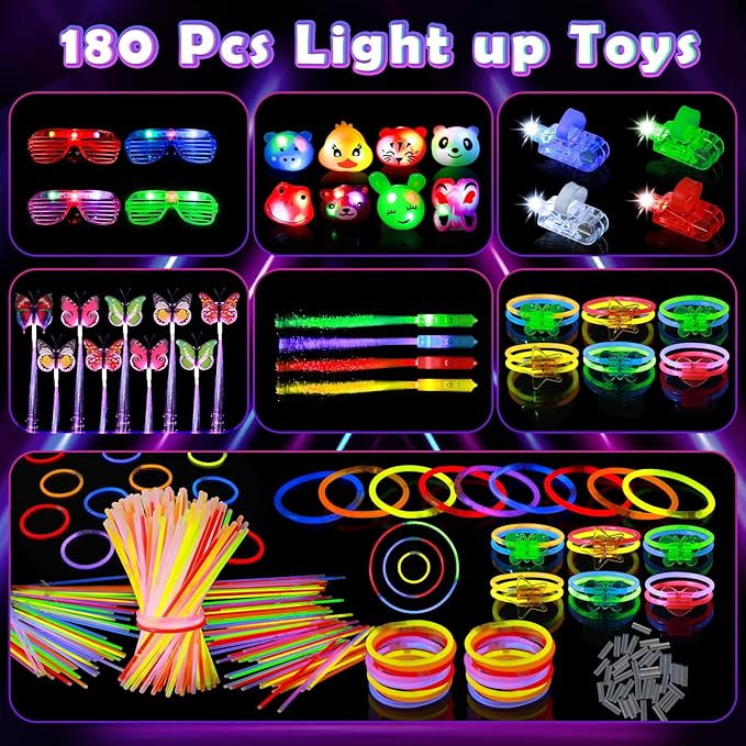 180PCS Light Up Toys Glow In The Dark Party Supplies for Adult Kids, Christmas Party Favors With LED Glasses, Hair Clips, Glow Sticks Bulk Party Pack DIY Glow Necklaces Bracelets Headband