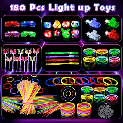 180PCS Light Up Toys Glow In The Dark Party Supplies for Adult Kids, Christmas Party Favors With LED Glasses, Hair Clips, Glow Sticks Bulk Party Pack DIY Glow Necklaces Bracelets Headband