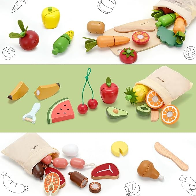 PairPear Wooden Toys Play Food Sets for Kids Kitchen, Kids Toy Food Cutting Fruit Set for Toddlers 3+ Years Old, Pretend Food Play Kitchen Accessories for Girls and Boys
