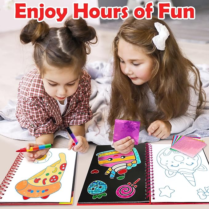 Foil Art Craft Activity for Kids: Fun DIY Toy Sticker Kit, No Mess Creative Travel Supply Set, Idea Birthday Easter Basket Stuffers Valentines Gift for Girl Boy Toddler 4 5 6 7 8 9 Year Old (Food)