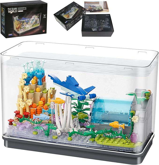 Fish Tank Building Blocks Toy Sets,Creative Ideals Aquarium Building Blocks(Can add Water and Charge Light Effects), Best Choice for 6+ Boys, Girls or Adults