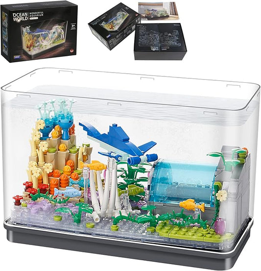 Fish Tank Building Blocks Toy Sets,Creative Ideals Aquarium Building Blocks(Can add Water and Charge Light Effects), Best Choice for 6+ Boys, Girls or Adults