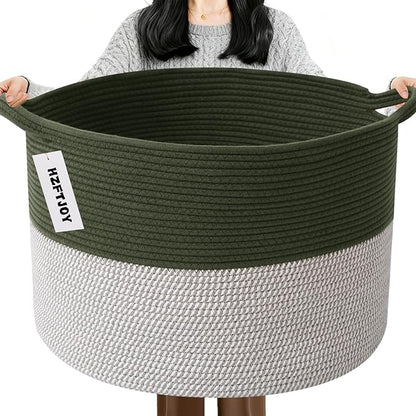 65L Extra Large Woven Cotton Rope Blanket Basket with Handles, Laundry Hamper Storage Bin for Pillows, Comforters,Clothes, Toys, Nursery, Bedroom and Living Room Organization,Green&White