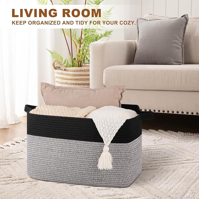 OIASKET Blanket Basket for Living Room, Woven Cotton Rope Basket for Storage Clothes, Towels, Pillows, Toy Storage Bin for kids with Handles, 20" x 16" x 12", Black and Grey (Pack of 2)