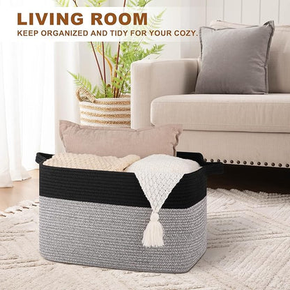 OIASKET Blanket Basket for Living Room, Woven Cotton Rope Basket for Storage Clothes, Towels, Pillows, Toy Storage Bin for kids with Handles, 20" x 16" x 12", Black and Grey (Pack of 2)