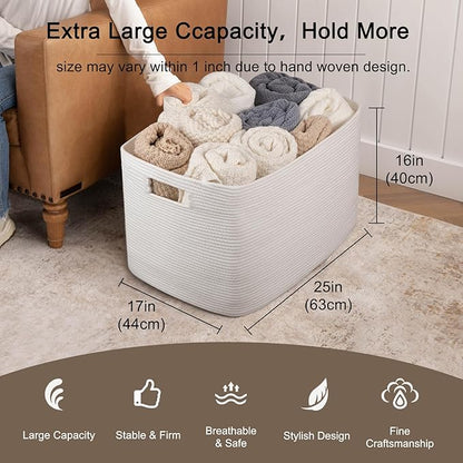 OIAHOMY 118L XXXLarge Cotton Rope Storage Basket, Oversized Blanket Basket, Used for Organizing Dirty Clothes in Living Room, Bedroom, Nursery, Dog Toy Storage Bins, 25" x 17" x 16",White