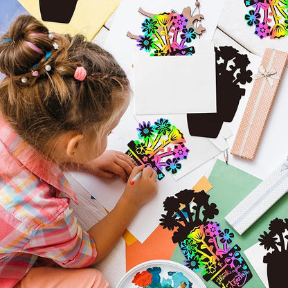 BeYumi Flower Scratch Cards Craft - 28Pcs Teacher Appreciation Flower Scratch Cards Craft Kit with Envelopes DIY Magic Rainbow Color Flower Pot Mother's Day Greeting Cards School Classroom Home Kids