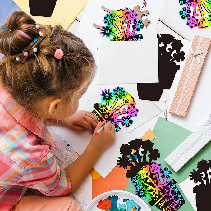 BeYumi Flower Scratch Cards Craft - 28Pcs Teacher Appreciation Flower Scratch Cards Craft Kit with Envelopes DIY Magic Rainbow Color Flower Pot Mother's Day Greeting Cards School Classroom Home Kids