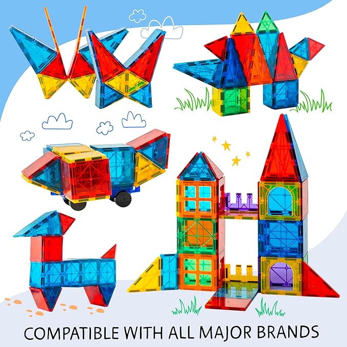 Magnetic Tiles 180 PCS+ Bonus Zippered CASE, Magnetic Tiles for Kids Toy for 3 4 5 6 7 8 Year Old Boys & Girls, Great Gift for Kids Aged 3-8 - XL Set