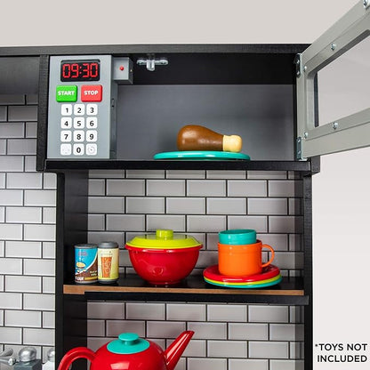 Lil' Jumbl Kids Kitchen Set, Pretend Wooden Play Kitchen, Battery Operated Icemaker & Microwave with Realistic Sound, Pots & Pan Included - Charcoal