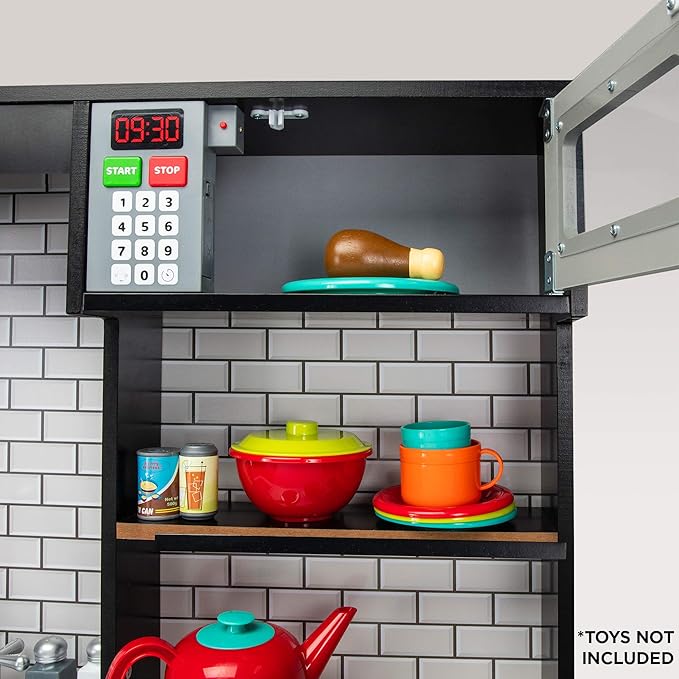 Lil' Jumbl Kids Kitchen Set, Pretend Wooden Play Kitchen, Battery Operated Icemaker & Microwave with Realistic Sound, Pots & Pan Included - Charcoal