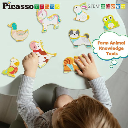 PicassoTiles Magnet Tile Building Blocks 8 Magnetic Farm Animal Action Figures Characters Construction Tiles Compatible Pretend Play Preschool Toy STEM Education Learning Girls Boys Ages 3+ PTA27