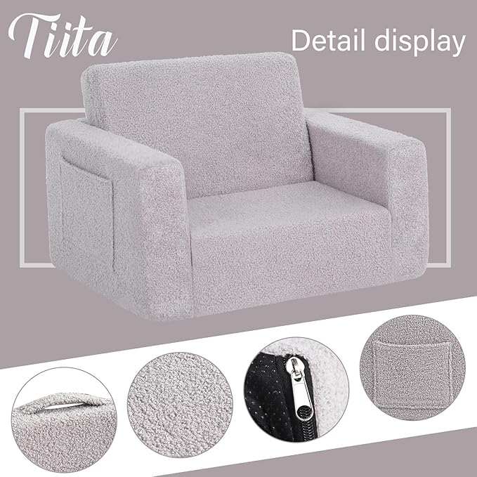 Tiita Kids Sofa, 2-in-1 Kids Sofa Chair, Convertible Children Couch to Lounger, Flip Out Kids Sofa Chair, Toddler Armrest Chair Bed, Folding Kids Play Sofa for Girl or Boy (Grey)