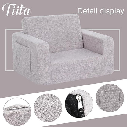 Tiita Kids Sofa, 2-in-1 Kids Sofa Chair, Convertible Children Couch to Lounger, Flip Out Kids Sofa Chair, Toddler Armrest Chair Bed, Folding Kids Play Sofa for Girl or Boy (Grey)