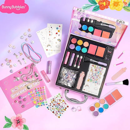 Kids Makeup & Jewelry Kit for Girls - Washable Real Cosmetics Set with Bracelet-Making for Children Toddler, Princess Dress-Up Toy, Ideal Winter Birthday Gift for 4-12 Year Olds (Pink)