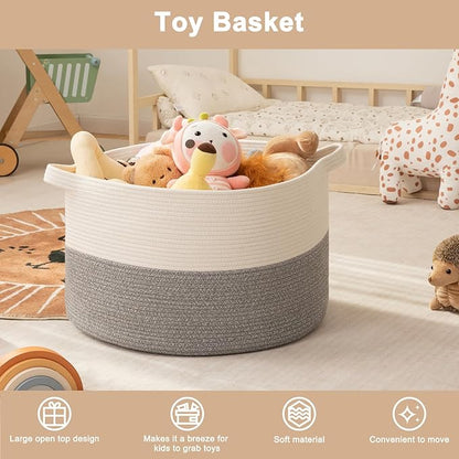 OIAHOMY Large Blanket Basket for Living Room, 19.7" x 12.6" Woven Cotton Rope Laundry Basket for Organizing Pillows, Decorative Stuffed Animal Toy Storage Bin for Nursery, White and Light Grey