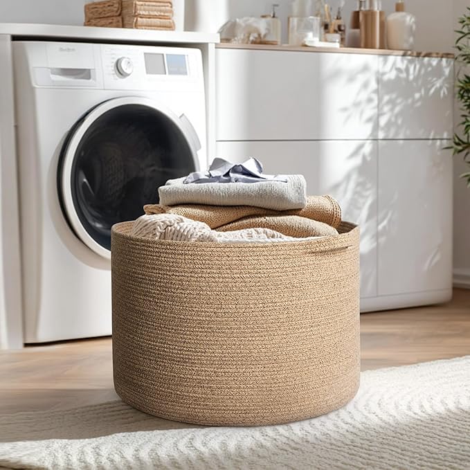 MEGASKET 115L Wicker Storage Basket, 23.6"x15.7" Woven Cotton Rope Basket, Giant Kids Dog Toy Bin Organizer, XXXL Blanket Pillow Holder for Living Room, Brown Variegated Wicker Baskets for Organizing