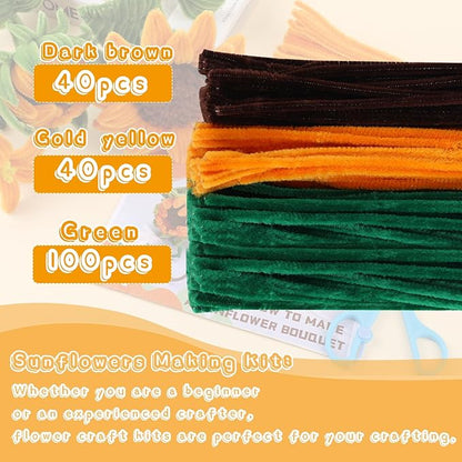 190PCS Pipe Cleaners Chenille Stem Craft Flower Supplies, Pipe Cleaner Flowers Crafts, Pipe Cleaner Sunflowers Kit with Instructions, 3 Colors Pipe Cleaners Set for DIY Craft Decorations-2 Flowers