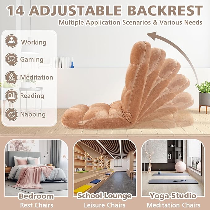 Folding Floor Chair 14-Position Cushioned Adjustable Floor Lazy Sofa Chair w/Breathable Cotton & Skin-Friendly Flannel for Adults & Kids Ideal for Reading Meditating, Camel