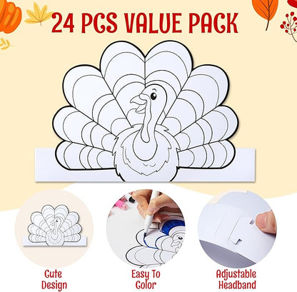 JOYIN 24 Pcs Thanksgiving Coloring Headbands, Thanksgiving Color Your Own Turkey Crowns Kids Craft Set for Thanksgiving Kids School Activities Class Events Thanksgiving Party Decoration Supplies