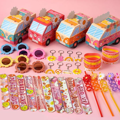120PCS Groovy Party Favors,Includes Bus Boxes Retro Flower Sunglasses Temporary Tattoos Stickers Slap Bracelets Keychains Plastic Straws Silicone Bracelets For Boho Hippie Birthday Party