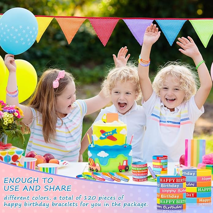 Sratte 120 Pcs Happy Birthday Rubber Bracelets for Kids Stretch Wristbands Bulk Birthday Bracelets for Classroom Student Back to School Gift Teacher Birthday Party Favors Supplies