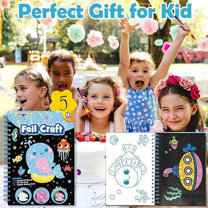 Foil Art Craft Activity for Kids: Fun DIY Toy Sticker Kit, No Mess Creative Travel Supply Set, Idea Birthday Easter Basket Stuffers Valentines Gift for Girl Boy Toddler 4 5 6 7 8 9 Year Old (Ocean)