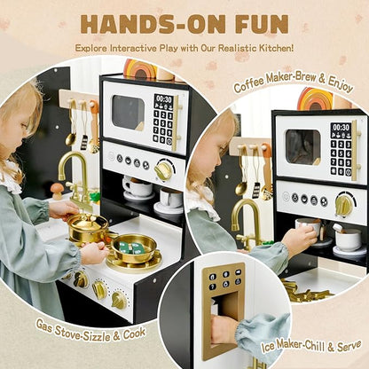 Wooden Play Kitchen Set for Kids – Interactive Pretend Toddler Kitchen Playset with 12 Kitchen Toy Accessories, Perfect for Ages 3+