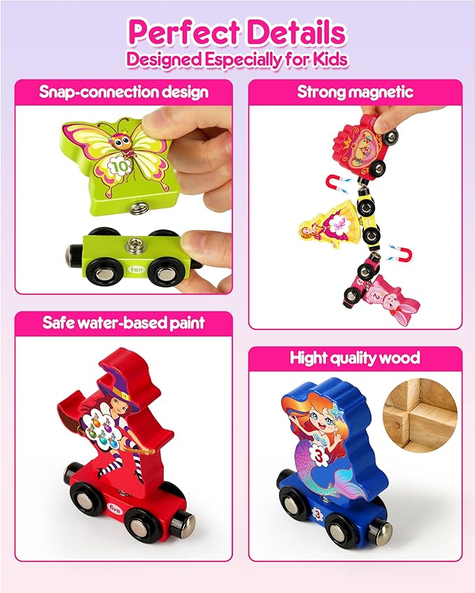 Helsort Wooden Number Train Set for Toddlers, Magnetic Unicorn Trains Toys, Numbers Matching Game for Ages3-5, Toddler Learning Toys, Fine Motor Skills Preschool Activities Birthday Gifts for Girls