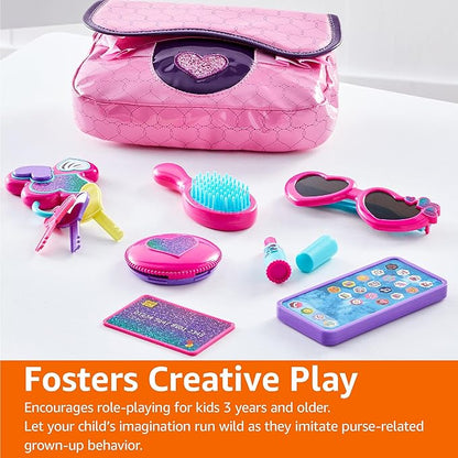Amazon Basics 8-Piece Pretend Play Purse Toy with Accessories for Girls Ages 3 and Up, Kids Toy Handbag Gift Set Including Smartphone, Sunglasses, Pretend Makeup Kit, Keys and Credit Card, Pink
