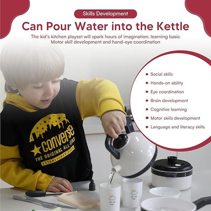 Kids Kitchen Playset - Realistic Steaming Pan, Pretend Stove Toy Set with Play Kitchen Accessories - With Fruits, Vegetables, Kettle, Frying Pan, Cook Pot, Pressure Cooker - For Children Ages 3+ Years