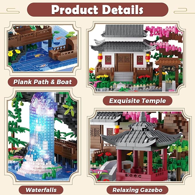 Peach Blossom Pond Micro Building Blocks Set Toys for Kids and Adults, Mini Cherry Bonsai Tree House with LED String Lights DIY Japanese Sakura Street Model Chinese Bricks Architecture Kit Teens Gift