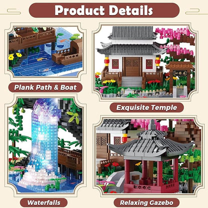 Peach Blossom Pond Micro Building Blocks Set Toys for Kids and Adults, Mini Cherry Bonsai Tree House with LED String Lights DIY Japanese Sakura Street Model Chinese Bricks Architecture Kit Teens Gift