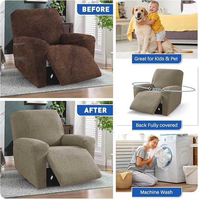 MAXIJIN Waterproof Recliner Covers for Large Recliner 3 Pieces Oversized Recliner Chair Covers, Washable Lazy Boy Reclining Slipcovers with Pockets for Pet, Kids (XL Recliner, Khaki New)