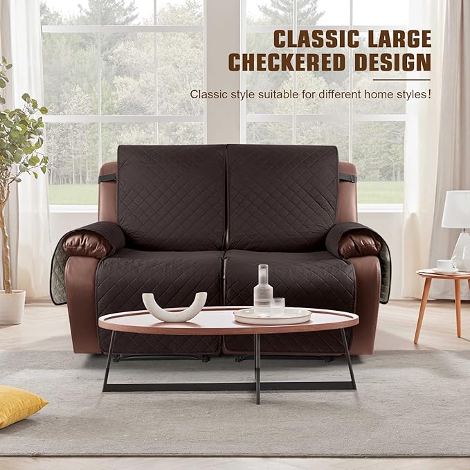 KinCam Waterproof Loveseat Recliner Cover, Non-Slip Reclining Couch Covers for 2 Seat, Recliner Sofa Cover Furniture Protector with Elastic Straps for Kids, Pets, Chocolate