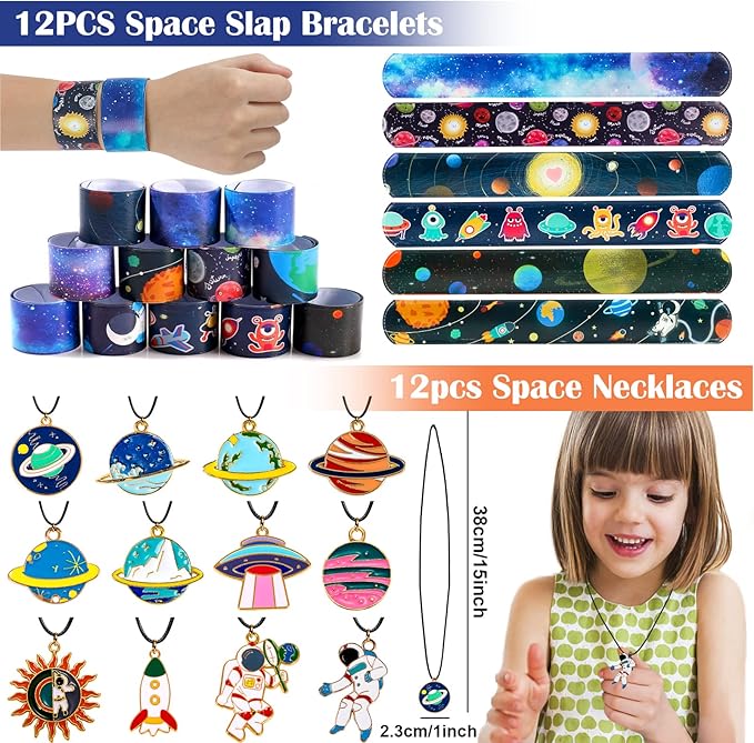 Golray 84pcs Space Party Favors Box Stress Balls Glow In Dark Tattoos Stamp Necklace Toy Gift for Boy Kids Galaxy Birthday Party Supplies Stuffer Treat Gift Goodie Bag Filler