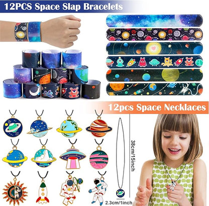 Golray 84pcs Space Party Favors Box Stress Balls Glow In Dark Tattoos Stamp Necklace Toy Gift for Boy Kids Galaxy Birthday Party Supplies Stuffer Treat Gift Goodie Bag Filler