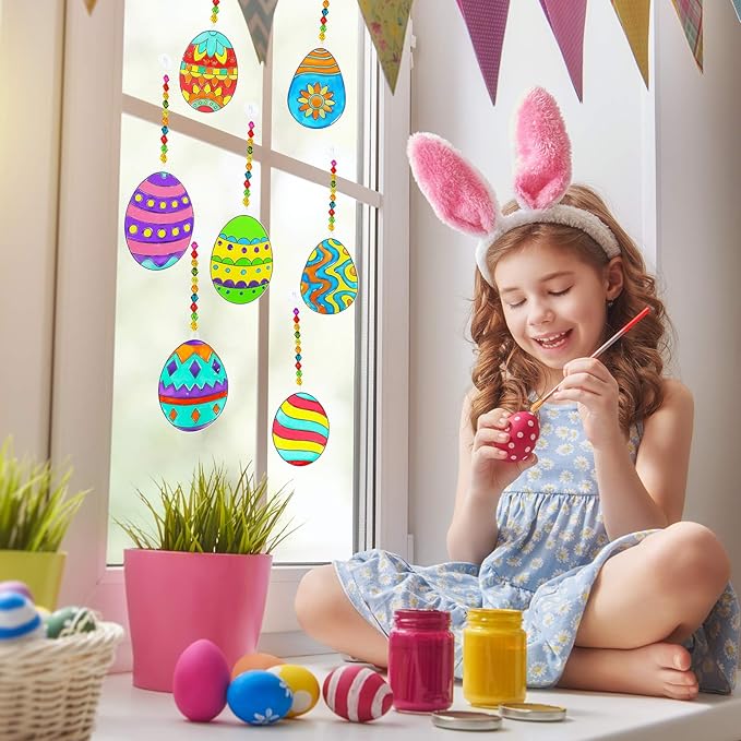 24 Sets Easter Egg Suncatcher Ornaments Decoration DIY Window Paint Art Stickers Craft Kit 8 Designs Easter Egg Suncatchers for Kids Classroom Easter Spring Activity Art Projects Basket Party Favors