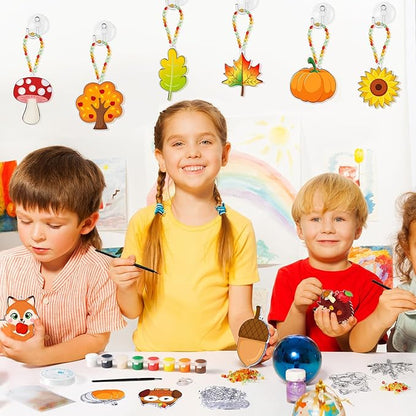 30 Set Thanksgiving Window Art Suncatchers Kits Autumn Pumpkin Maple Leaves DIY Suncatchers Craft Kits Make Your Own Suncatcher Paint Suncatchers Ornaments for Kids Thanksgiving Art Craft