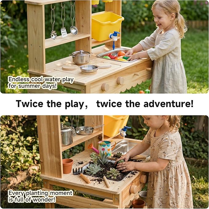 Wooden Mud Kitchen for Kids Outdoor - Play Kitchen with Real Running Water Sink & Removable Sink, 10-Piece Accessory Set with Stainless Steel Cookware & Planter Pots, Montessori Toy Gift for Ages 3+