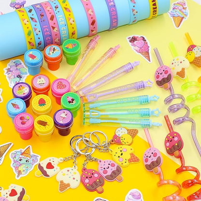 110 PCS Ice Cream Party Favors Set - Fun and Colorful Party Supplies for Kids, Includes Drinking Straws, Wristbands, Macaron Bubble Wands, Stamps, Keychains, and Stickers