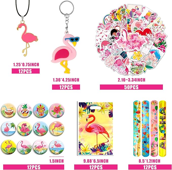 110 PCS Flamingo Party Favors Pink Flamingo Goodie Bags with Keychains, Stickers, Slap Bracelets, and Bags for Flamingo Themed Birthday Party Hawaiian Aloha Party