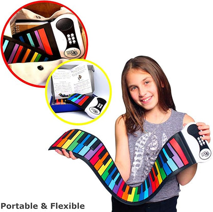 MUKIKIM Rock and Roll It - The Original Rainbow Piano. Roll Up Flexible Piano Keyboard for Kids / Beginners. Portable 49 Keys Silicone Pad. Play-by-Color Songbook Included!