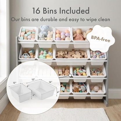 Humble Crew Toy Storage Organizer with 16 Removable Storage Bins for Kids Playroom, 4-Tier Toddler Toy Organization and Storage, Dark Grey/White