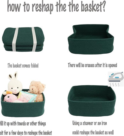 XUANGUO Small Woven Storage Baskets 13“X9”X5“ Decorative Rope Bins for Organizing Shelves, Closets, and Toys, Empty Gift Baskets, Cute Organizer Basket for Home and Office (dark green, Large)
