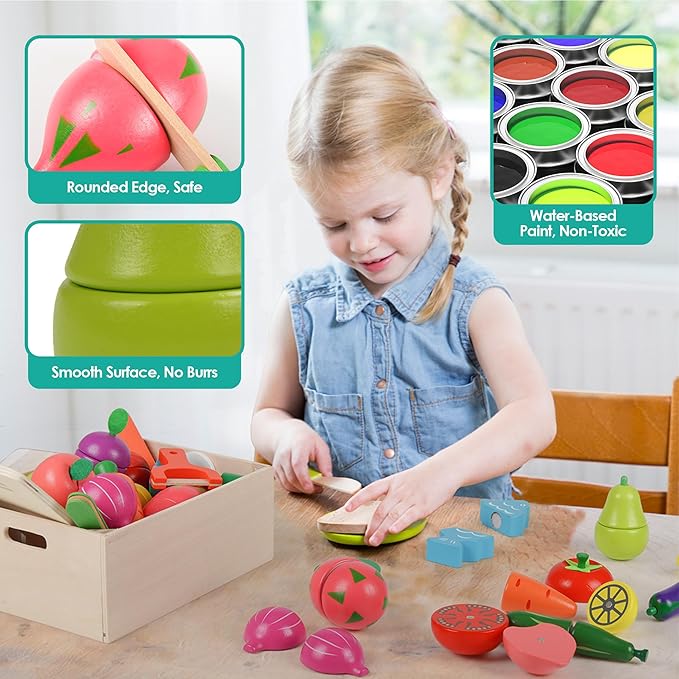 Wooden Play Food for Kids Kitchen, 32PCS Pretend Cutting Fruits Vegetables Food Play Toy Sets, Early Education Montessori Kids Toys, for Toddlers and Kids Ages 3+