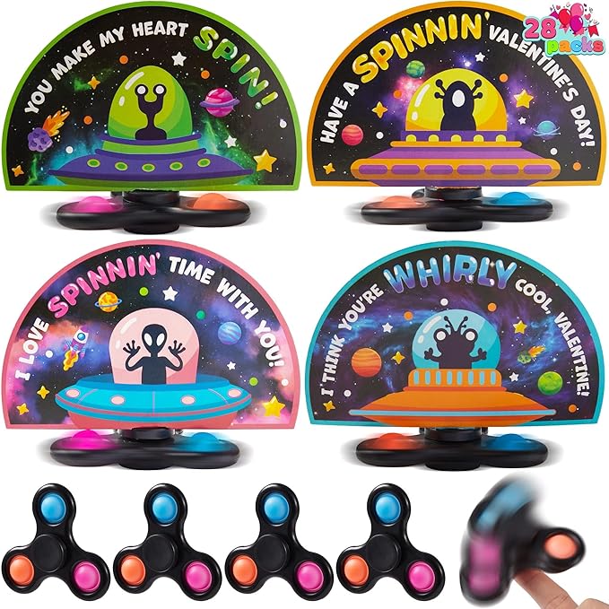 JOYIN 28 Packs Valentines Cards with Alien Style Fidget Spinner for Kids, Stress Relief Hand Finger Spinner Fidget Toy for Classroom Exchange, Valentine's Party Favors, Party Game Prizes for Kids